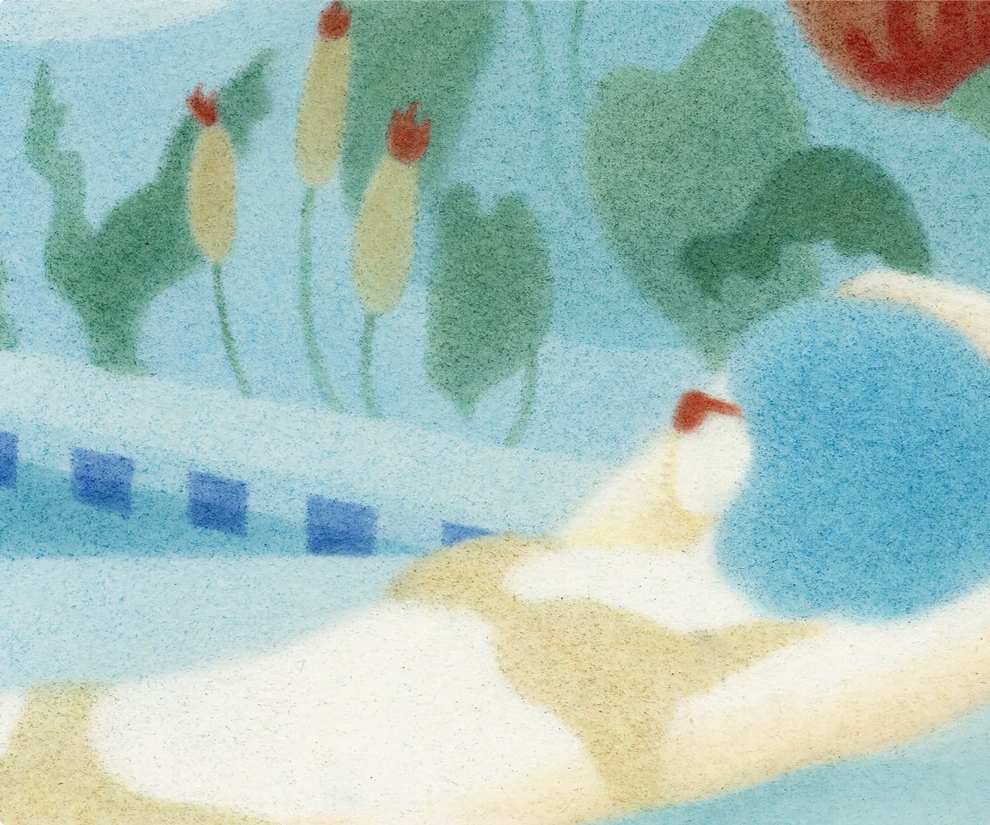 An illustration of a serene poolside wellness scene