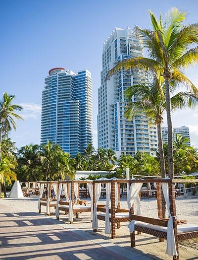 Palm tree covered beach entrance with high rise hotels in the background, Miami, FL