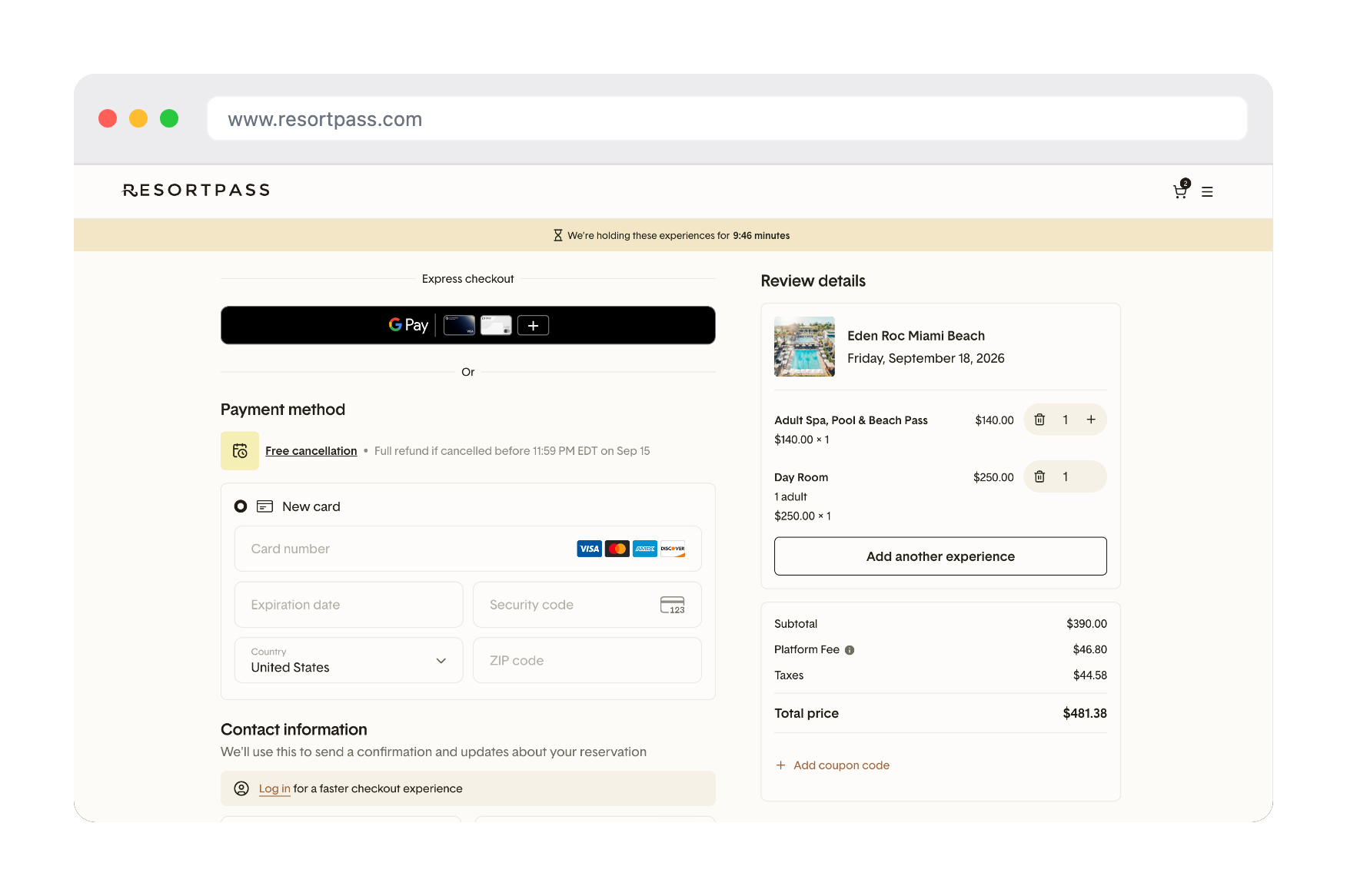 The redesigned ResortPass checkout page, showing express checkout with Google Pay and a review details summary for Eden Roc Miami Beach