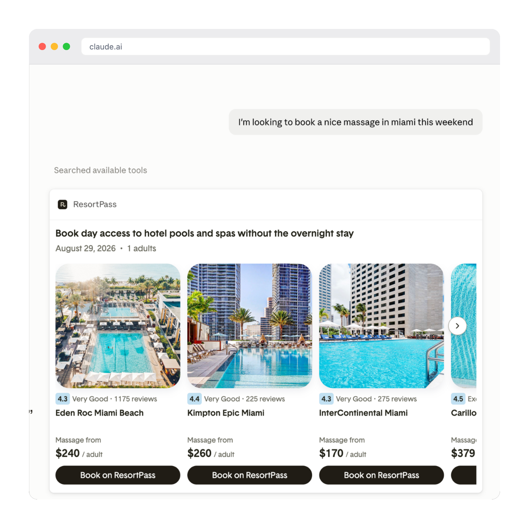 A Claude chat conversation asking to book a massage in Miami, with a ResortPass card showing day-pass results at Eden Roc Miami Beach, Kimpton Epic Miami, and InterContinental Miami