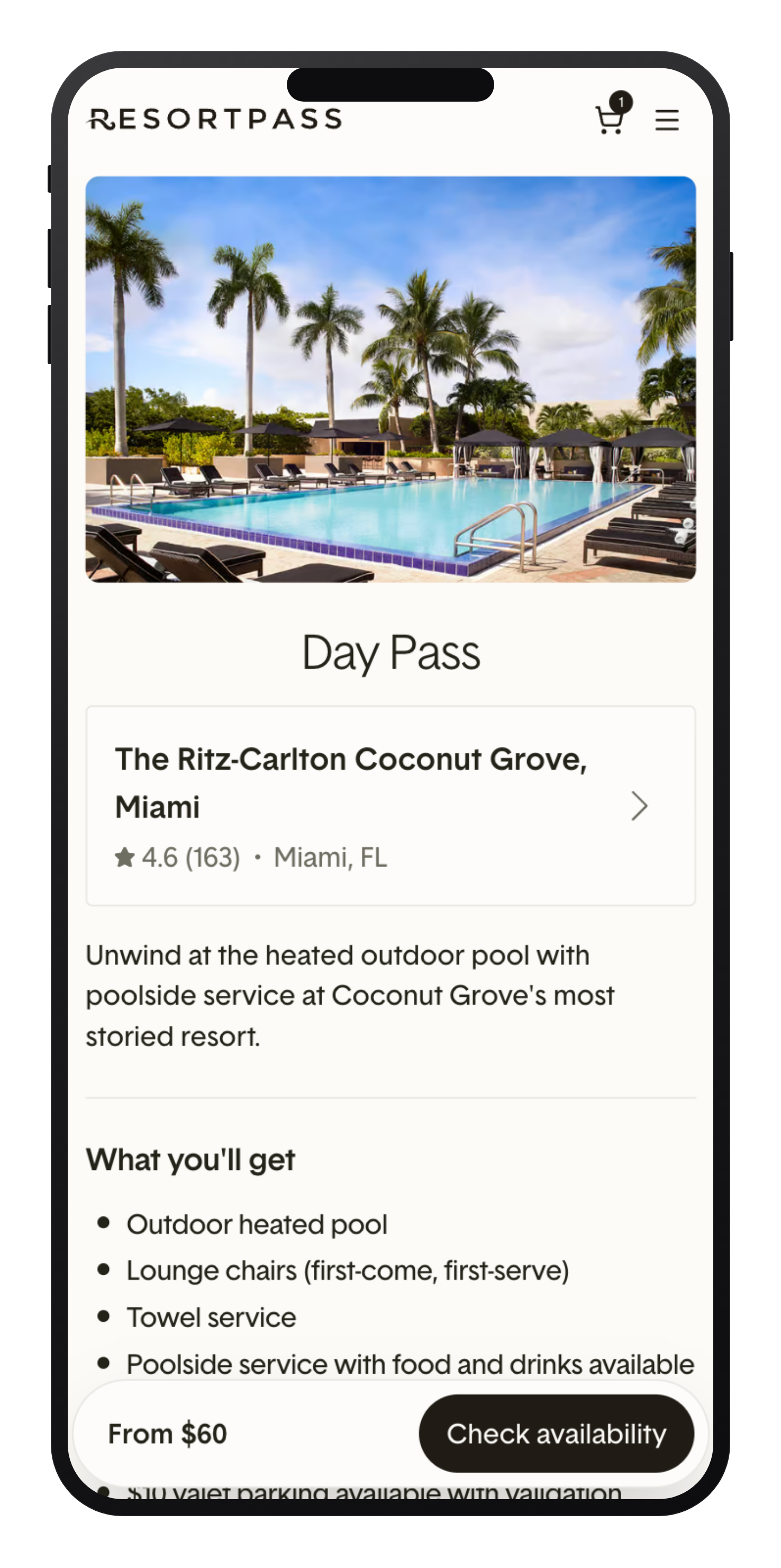 A ResortPass Experience Page on mobile, showing a Day Pass at The Ritz-Carlton Coconut Grove with photos, what's included, and pricing