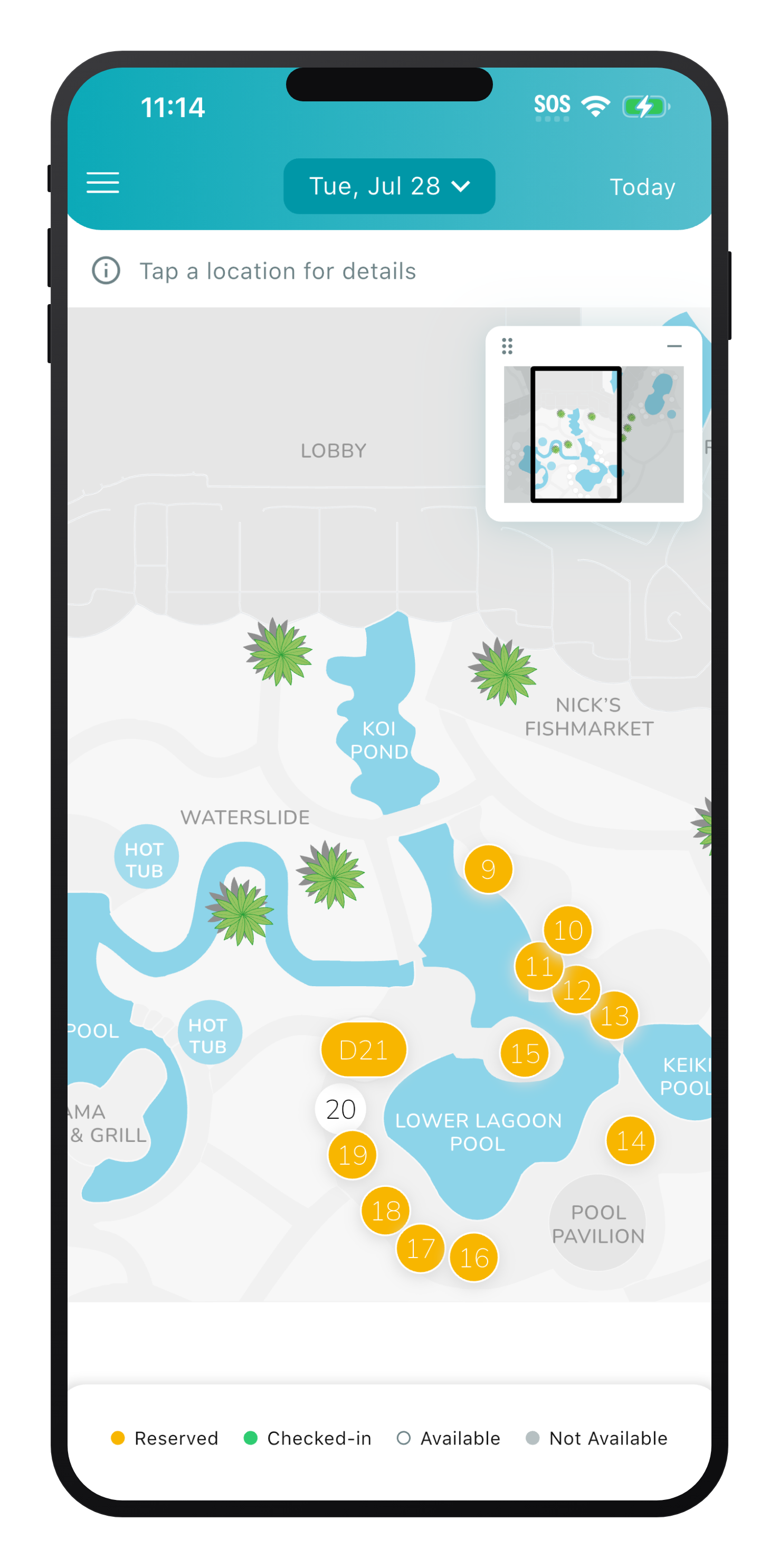 The ResortPass Hotel App's seating map, showing reserved, checked-in, and available cabanas around the lower lagoon pool