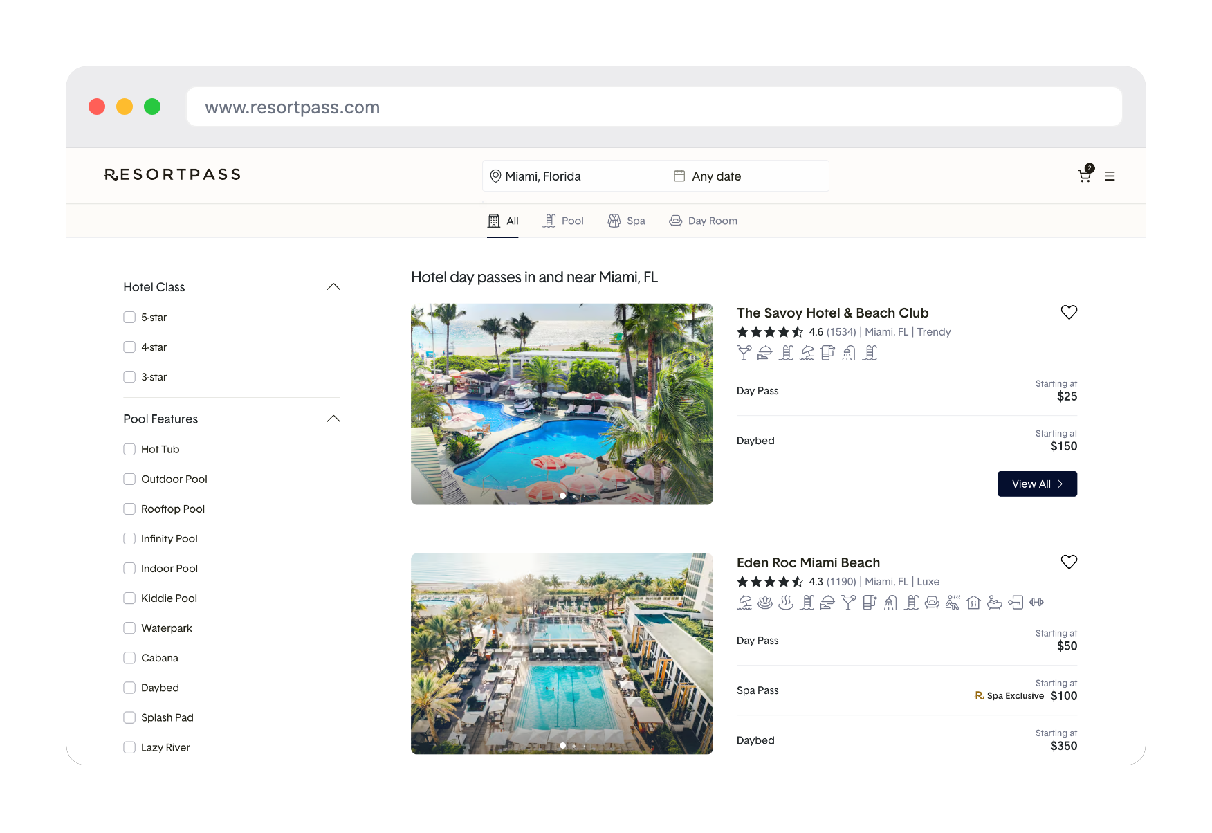 ResortPass search results for hotel day passes in and near Miami, FL, showing The Savoy Hotel & Beach Club and Eden Roc Miami Beach