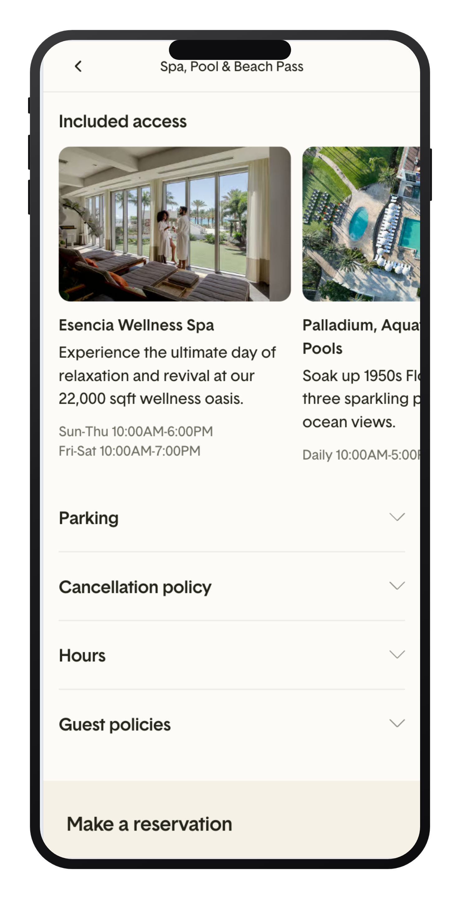 A ResortPass experience page for a Pool & Beach Pass showing its Included Access areas — Palladium, Aquatica, and Main Pools, and The Beach — each with its own hours and description