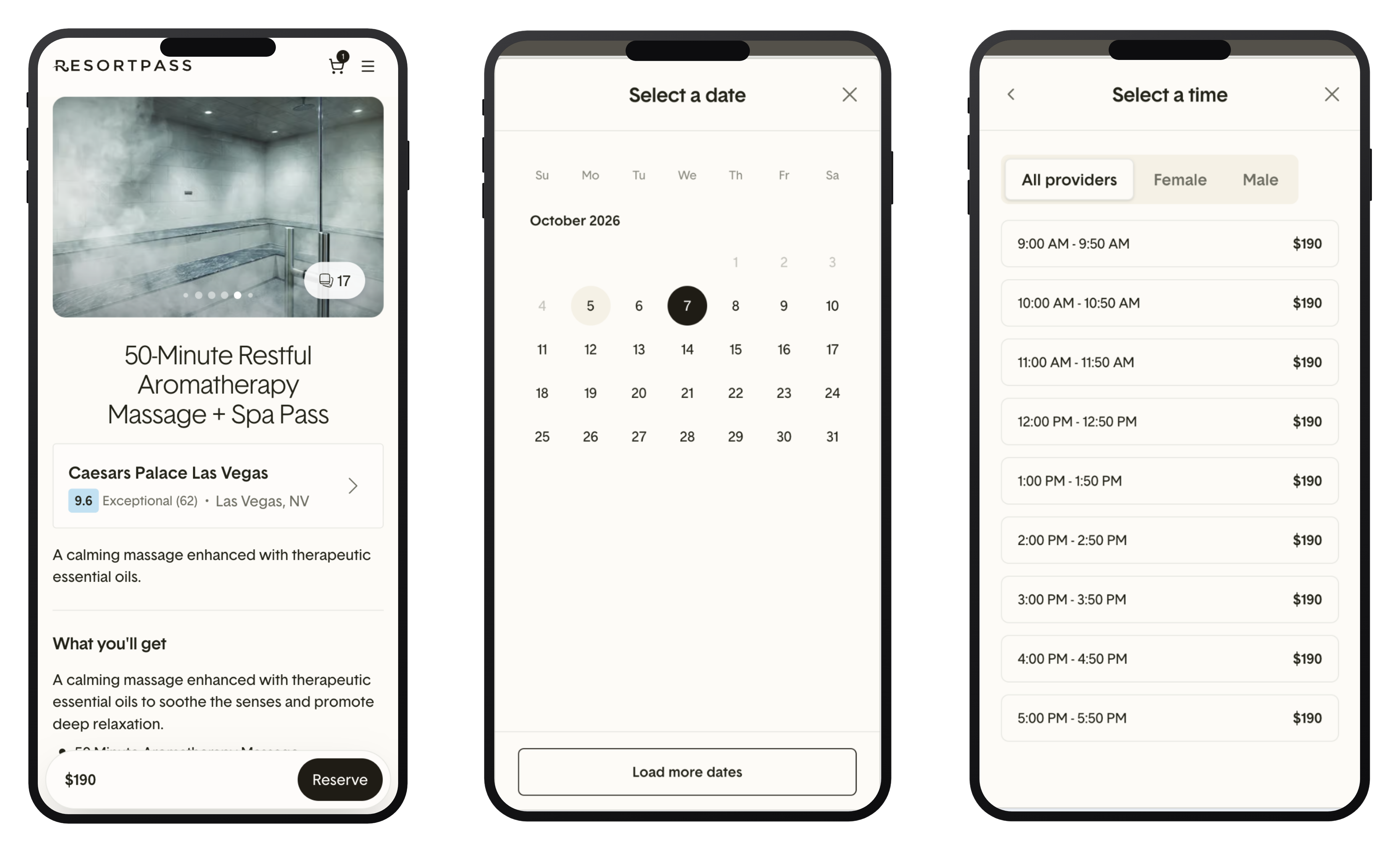 Three screens from booking a Book4Time-powered spa treatment at Caesars Palace Las Vegas: the experience page, a date picker, and a time picker with All providers, Female, and Male options