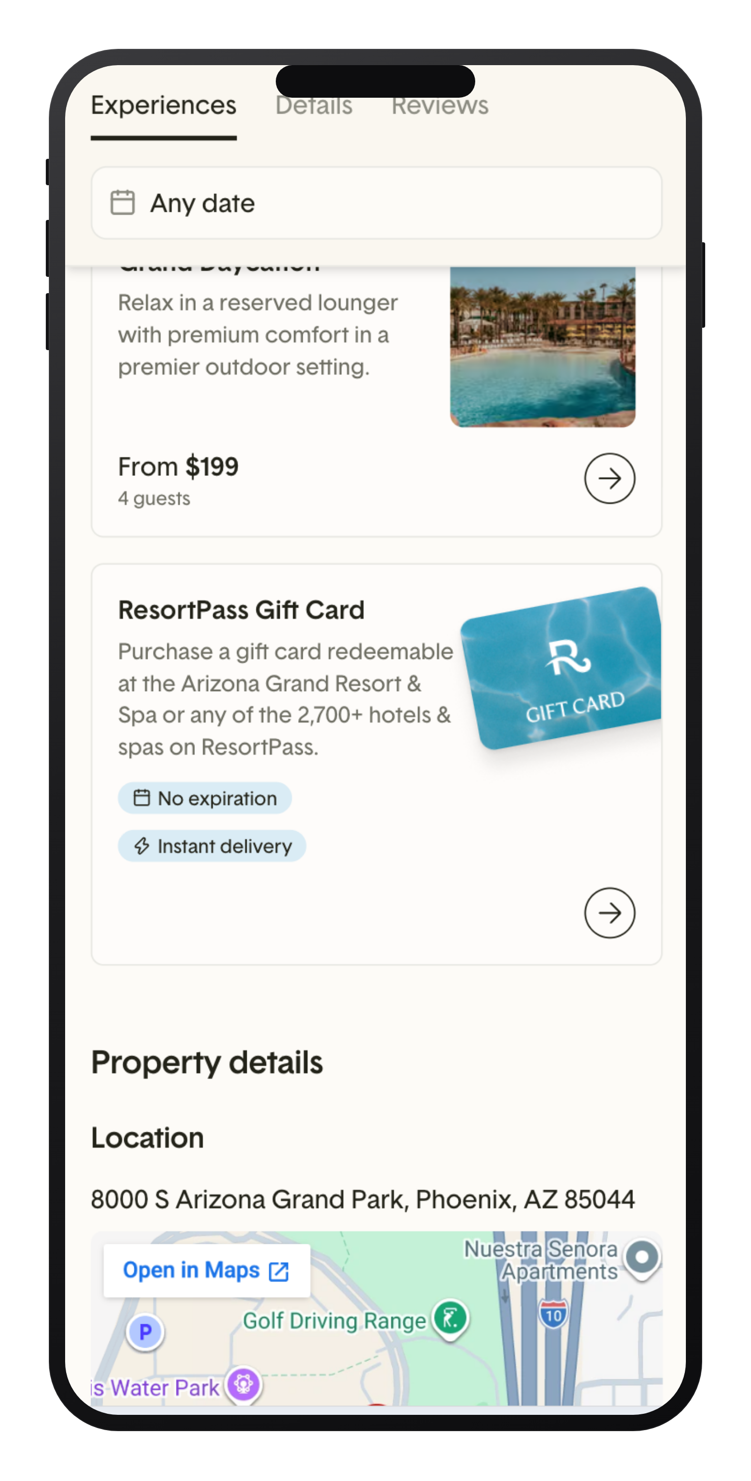 A ResortPass property page's Experiences list showing a ResortPass Gift Card promo card next to a Day Pass for Arizona Grand Resort & Spa, offering instant delivery and no expiration