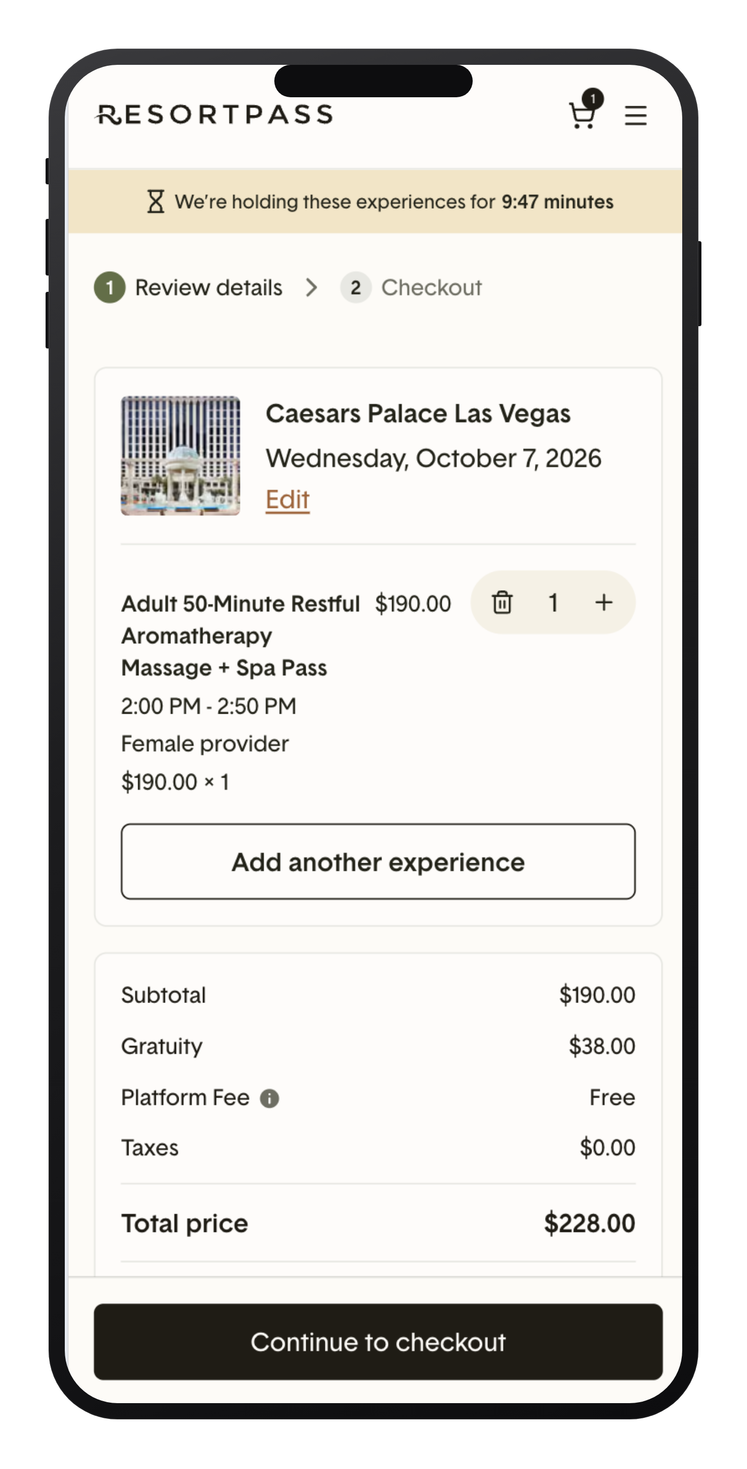 A ResortPass checkout review page for a massage at Caesars Palace Las Vegas showing a price breakdown with Subtotal $190.00, Gratuity $38.00, Platform Fee Free, and Total price $228.00