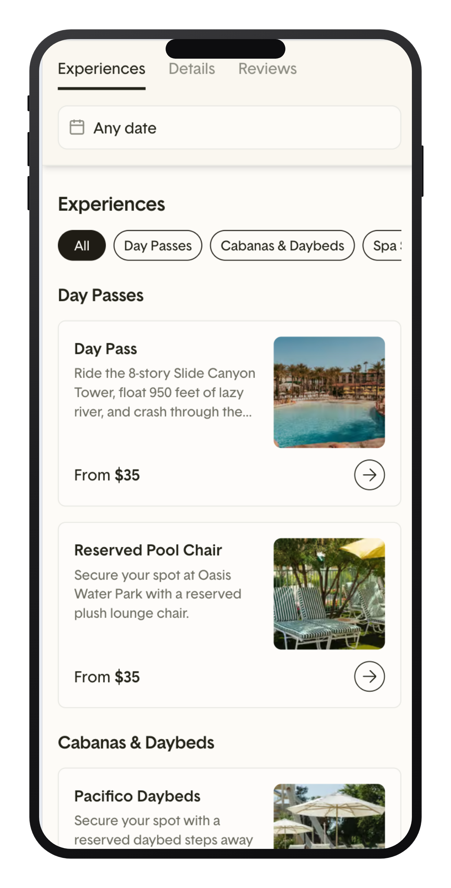 A ResortPass property page's Experiences tab grouped into Day Passes and Cabanas & Daybeds categories, each product price-sorted with its own photo and starting price
