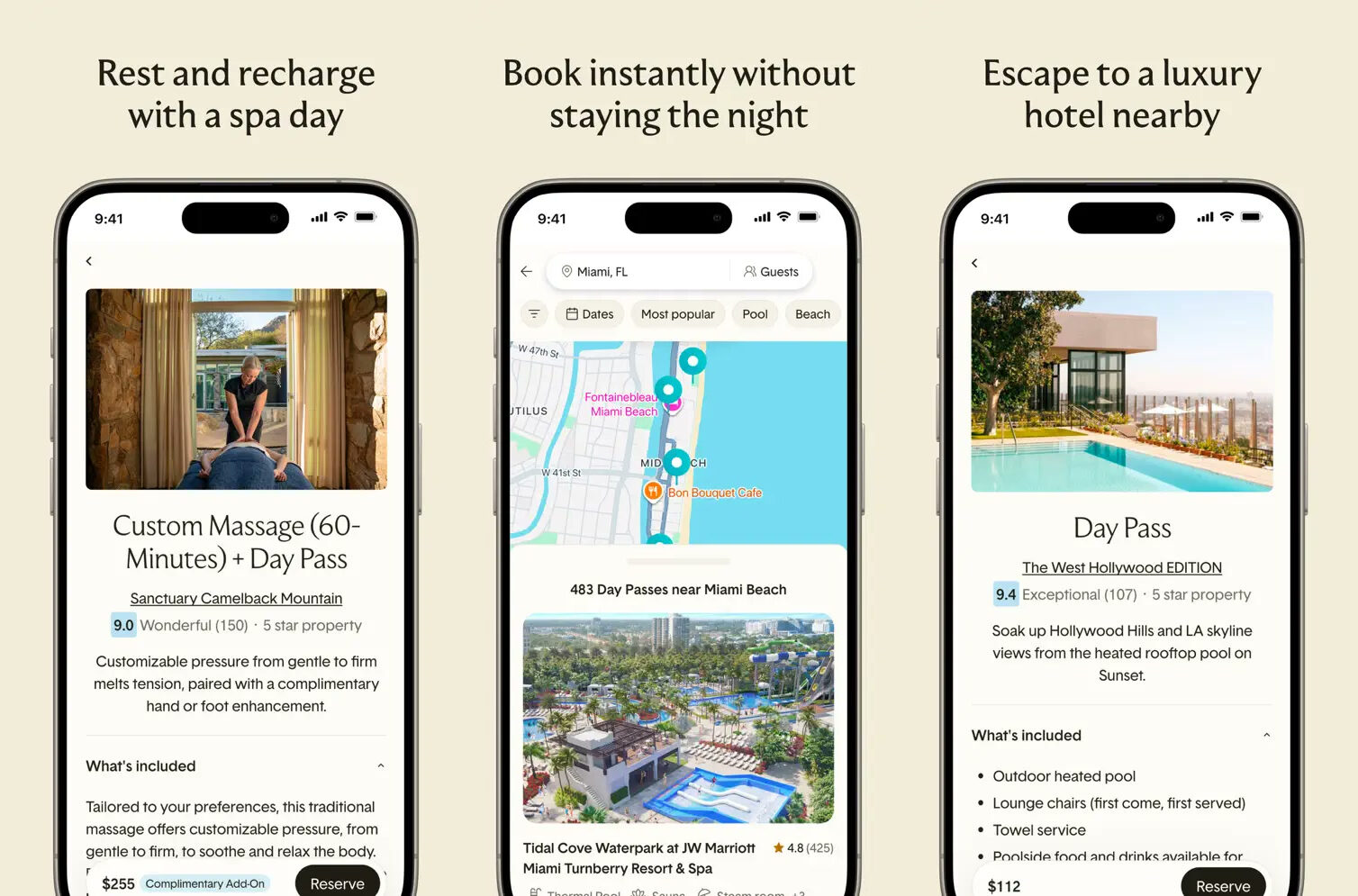 Three screens from the ResortPass iPhone app: a 60-minute massage and day pass at Sanctuary Camelback Mountain, a map of 483 day passes near Miami Beach, and a rooftop pool day pass at The West Hollywood EDITION
